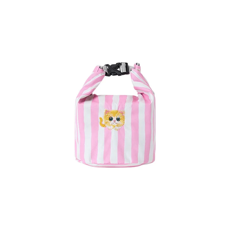 New Pink Striped Strawberry Cat Insulated Cute Lunch Handbag  Large Capacity Folding Roll Bento Bag Picnic Food Fresh Cooler Bag - Korvel