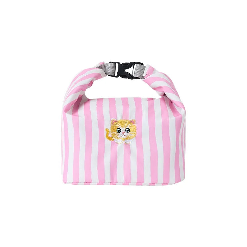 New Pink Striped Strawberry Cat Insulated Cute Lunch Handbag  Large Capacity Folding Roll Bento Bag Picnic Food Fresh Cooler Bag - Korvel