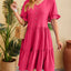 New V-neck jacquard waist cinched five quarter sleeve pleated dress - Korvel