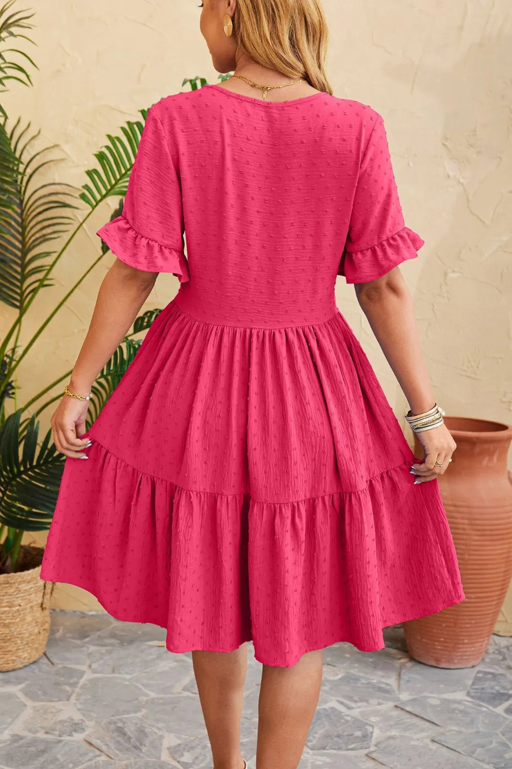 New V-neck jacquard waist cinched five quarter sleeve pleated dress - Korvel