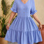 New V-neck jacquard waist cinched five quarter sleeve pleated dress - Korvel