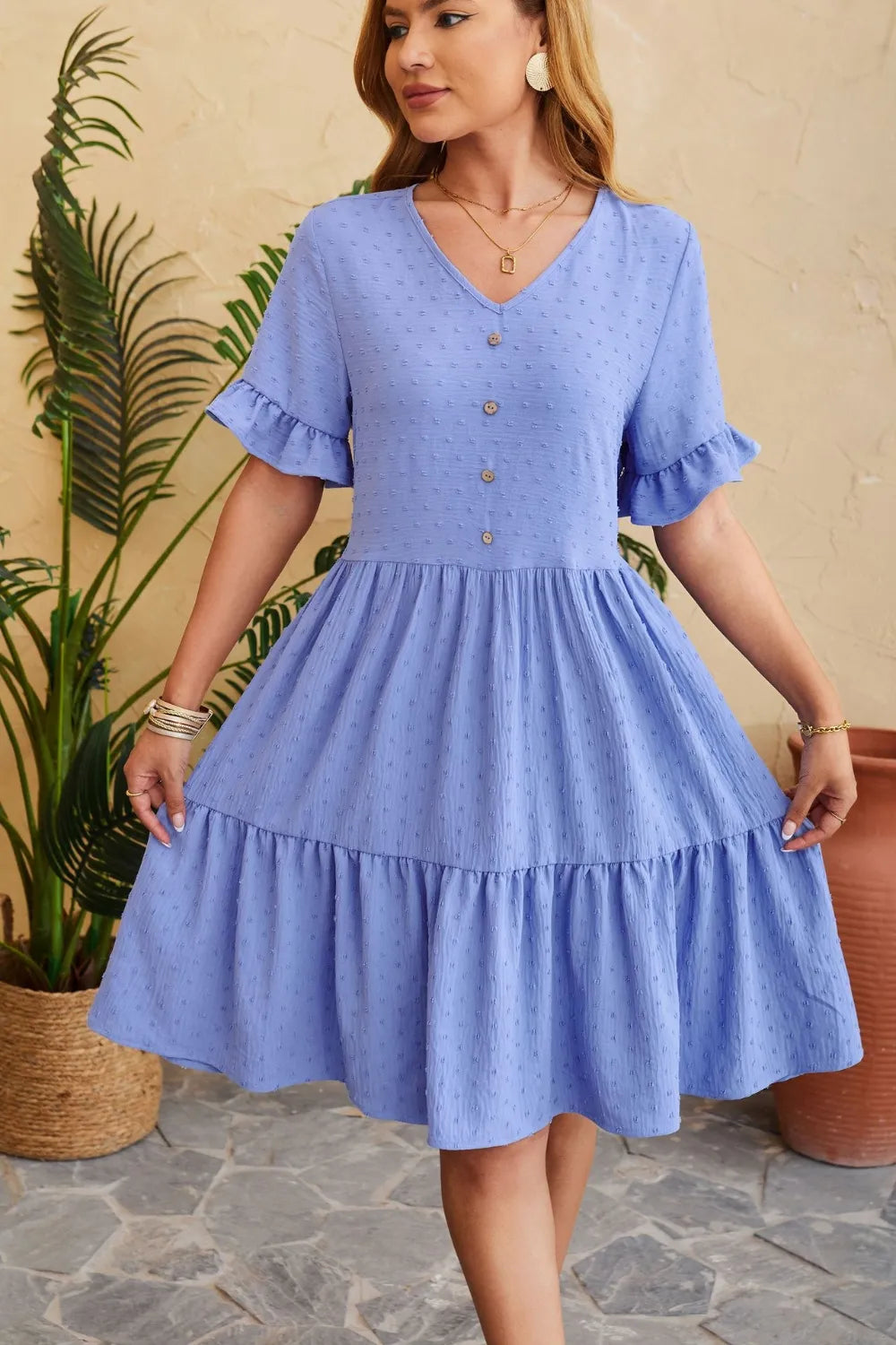 New V-neck jacquard waist cinched five quarter sleeve pleated dress - Korvel