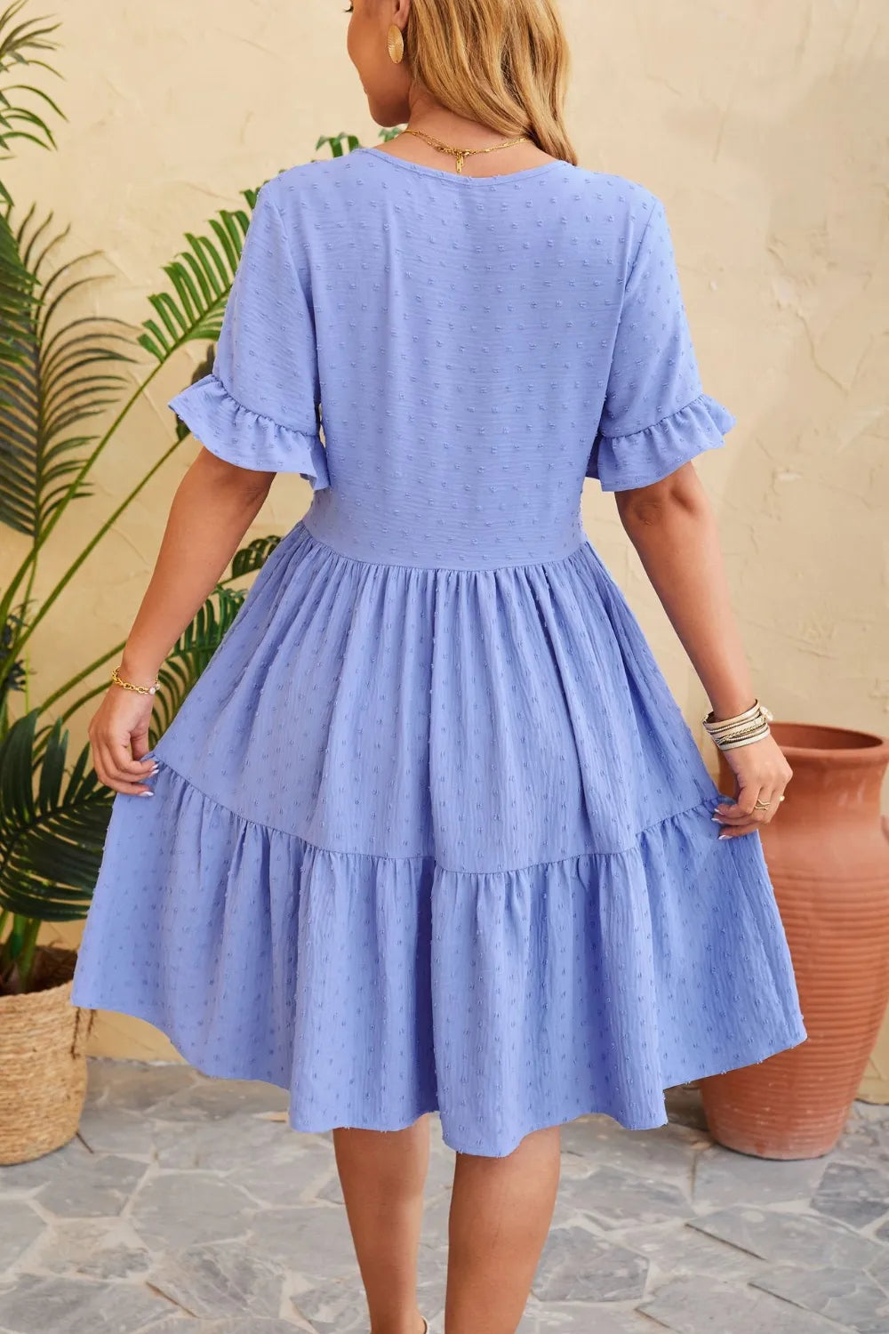 New V-neck jacquard waist cinched five quarter sleeve pleated dress - Korvel