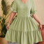 New V-neck jacquard waist cinched five quarter sleeve pleated dress - Korvel