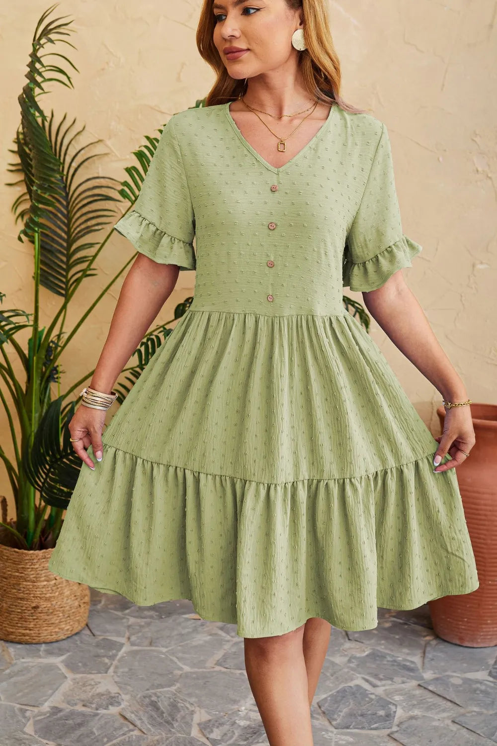 New V-neck jacquard waist cinched five quarter sleeve pleated dress - Korvel