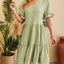 New V-neck jacquard waist cinched five quarter sleeve pleated dress - Korvel