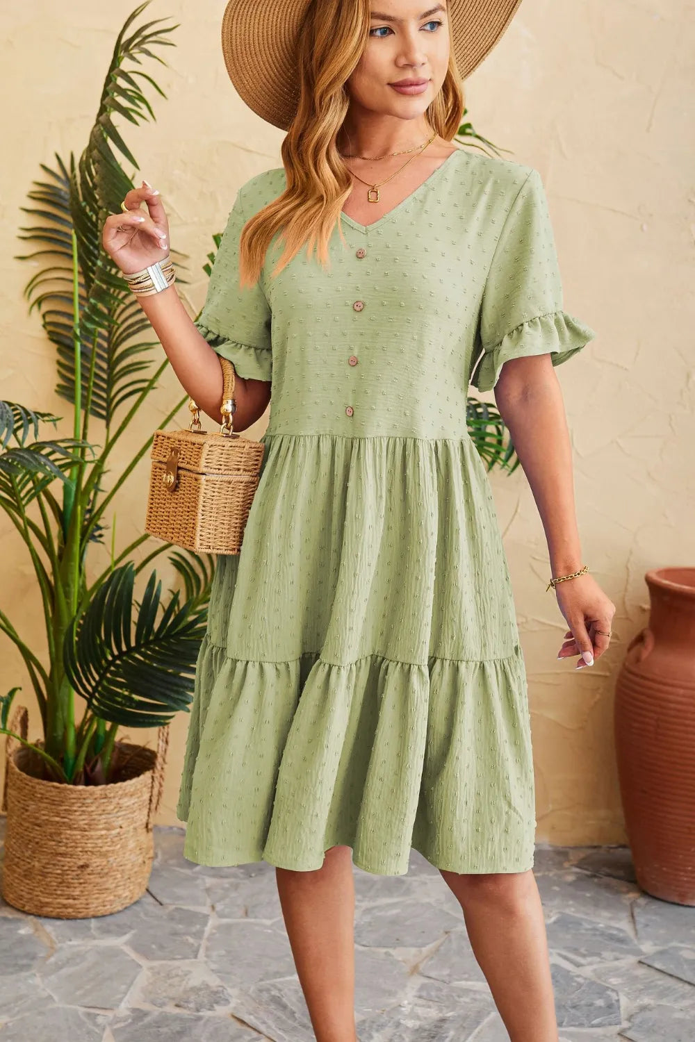 New V-neck jacquard waist cinched five quarter sleeve pleated dress - Korvel