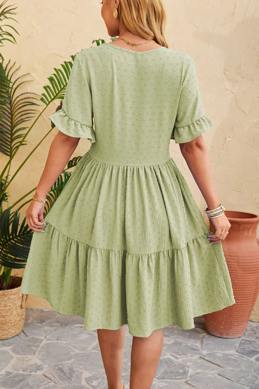 New V-neck jacquard waist cinched five quarter sleeve pleated dress - Korvel