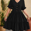 New V-neck jacquard waist cinched five quarter sleeve pleated dress - Korvel