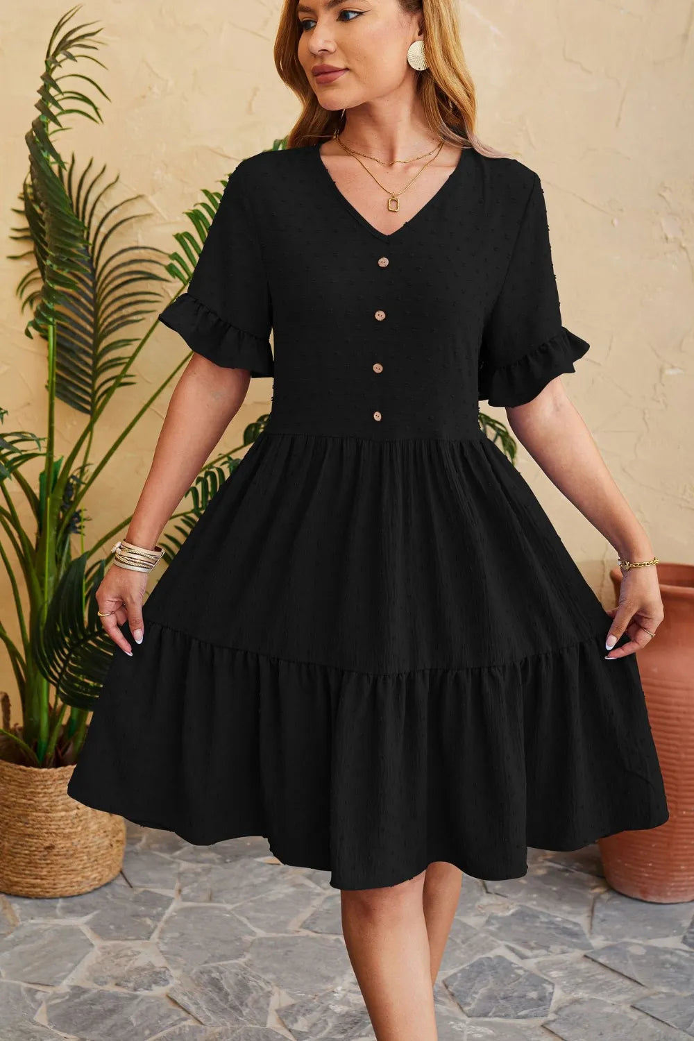 New V-neck jacquard waist cinched five quarter sleeve pleated dress - Korvel