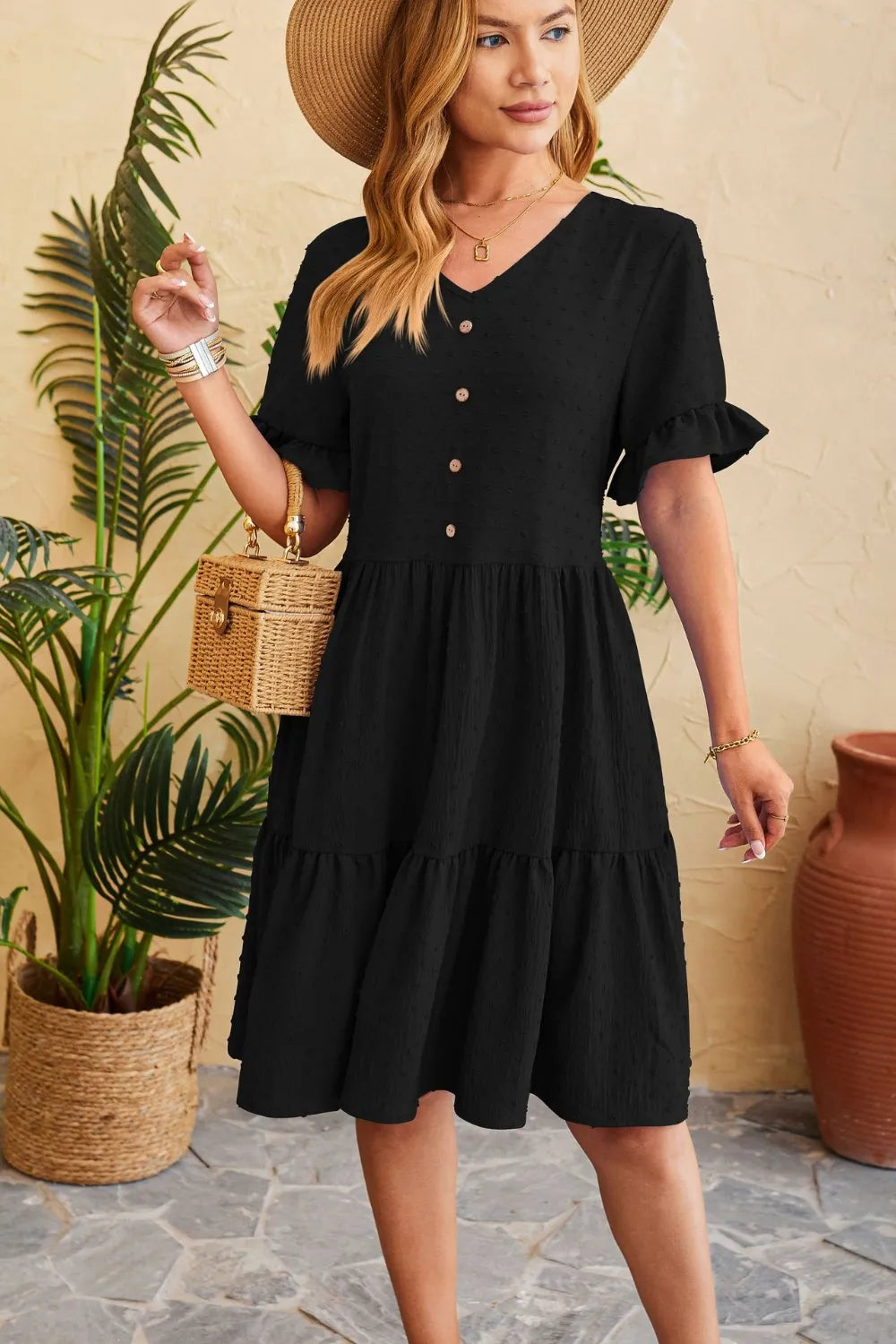 New V-neck jacquard waist cinched five quarter sleeve pleated dress - Korvel