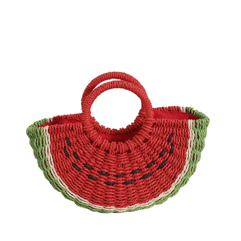 New Watermelon Straw Women Shoulder Bags Luxury Designer Fashion Bohemia Female Crossbody Bag Handmade Cute Fruit Handbag - Korvel
