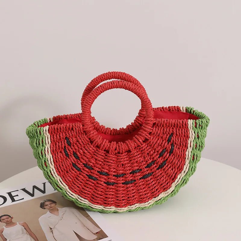 New Watermelon Straw Women Shoulder Bags Luxury Designer Fashion Bohemia Female Crossbody Bag Handmade Cute Fruit Handbag - Korvel