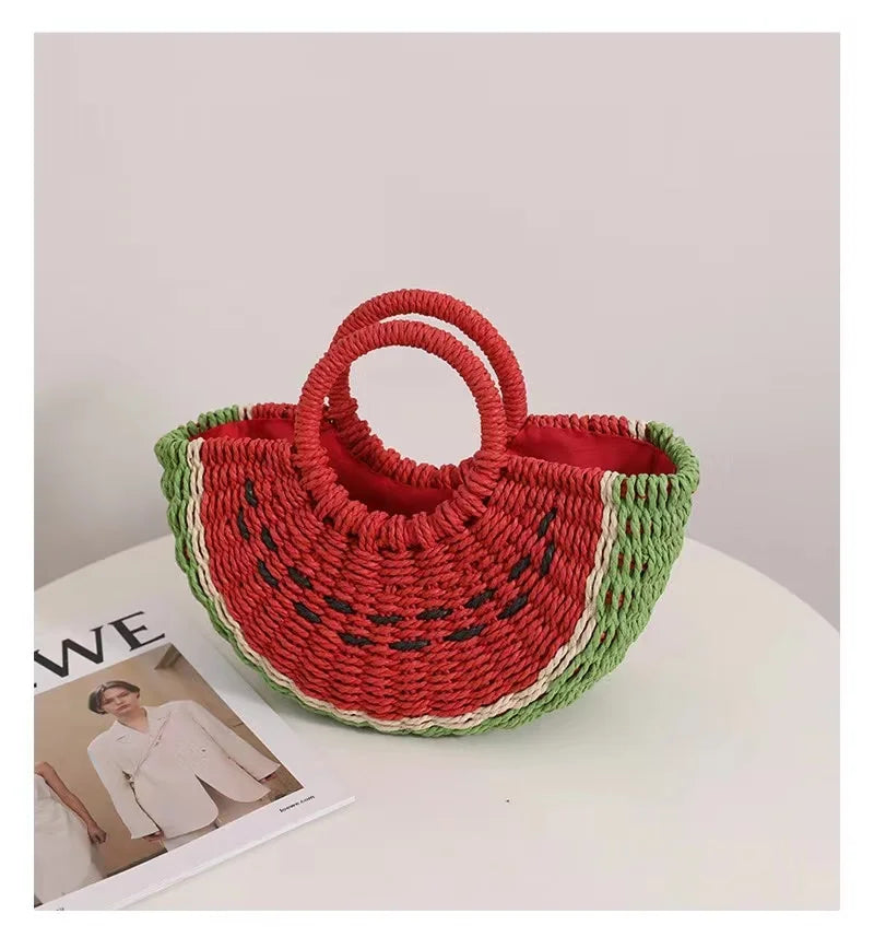 New Watermelon Straw Women Shoulder Bags Luxury Designer Fashion Bohemia Female Crossbody Bag Handmade Cute Fruit Handbag - Korvel