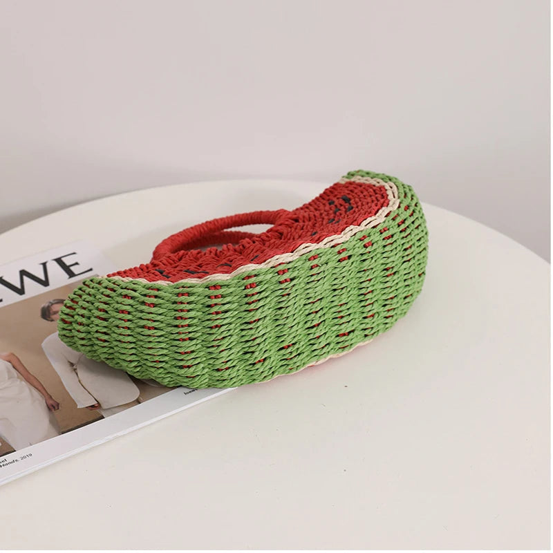 New Watermelon Straw Women Shoulder Bags Luxury Designer Fashion Bohemia Female Crossbody Bag Handmade Cute Fruit Handbag - Korvel