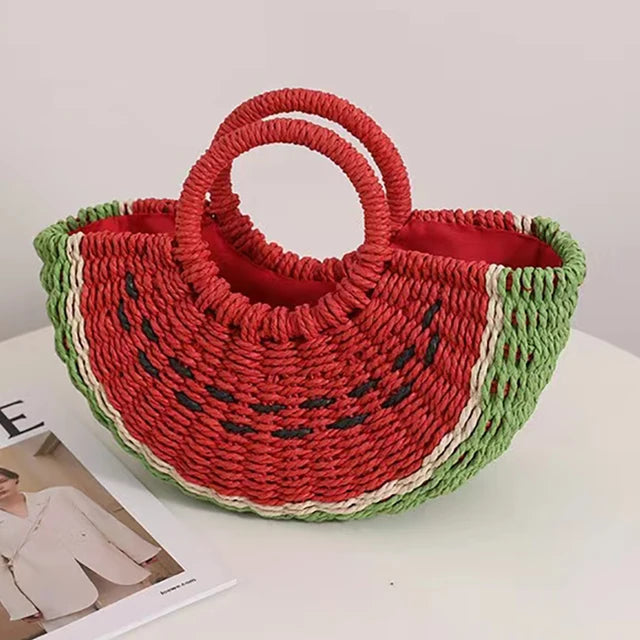 New Watermelon Straw Women Shoulder Bags Luxury Designer Fashion Bohemia Female Crossbody Bag Handmade Cute Fruit Handbag - Korvel