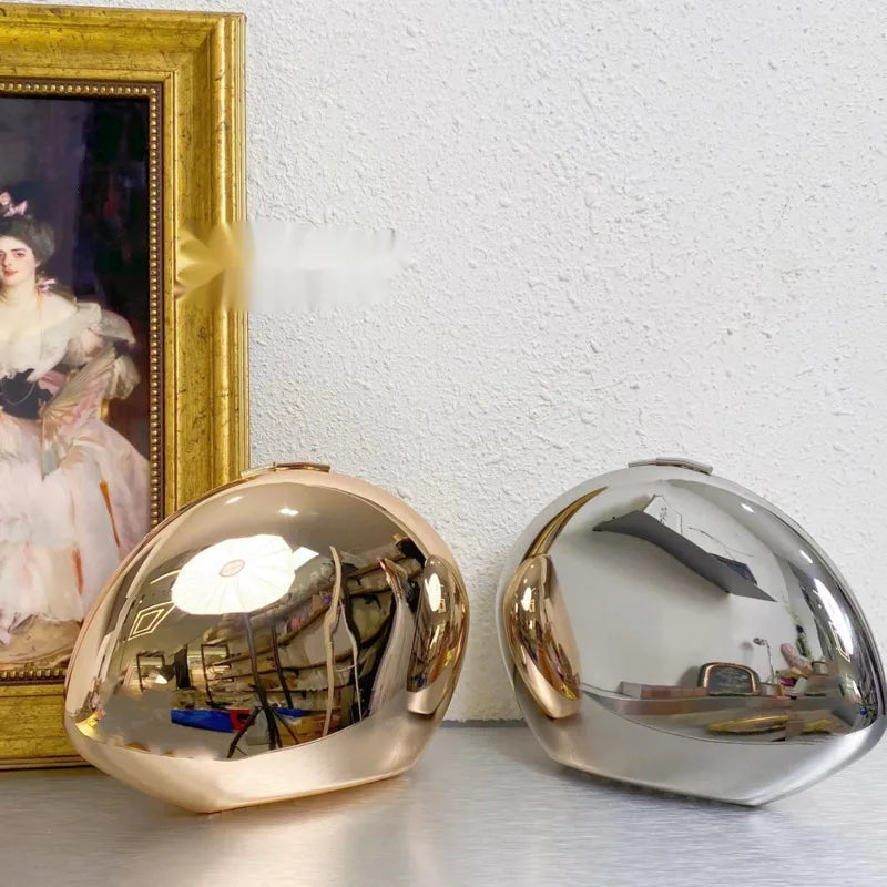 niche Metal shell shape clutch bag Smooth mirror surface silver gold women evening party cute purse handbag  new - Korvel
