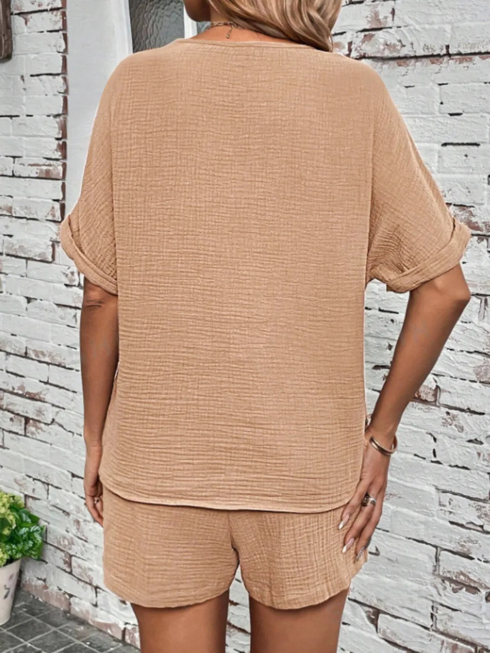 Notched Half Sleeve Top and Shorts Set - Korvel