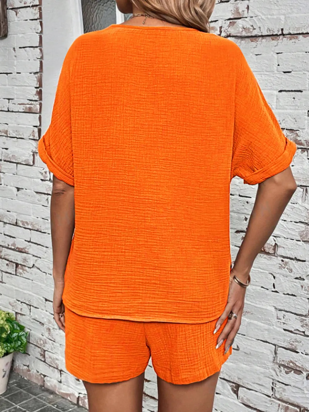 Notched Half Sleeve Top and Shorts Set - Korvel