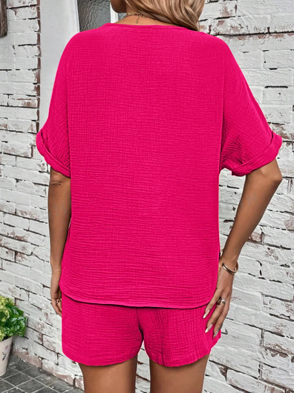 Notched Half Sleeve Top and Shorts Set - Korvel