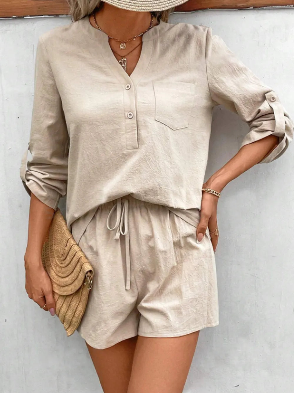 Notched Long Sleeve Top and Shorts Set - Korvel