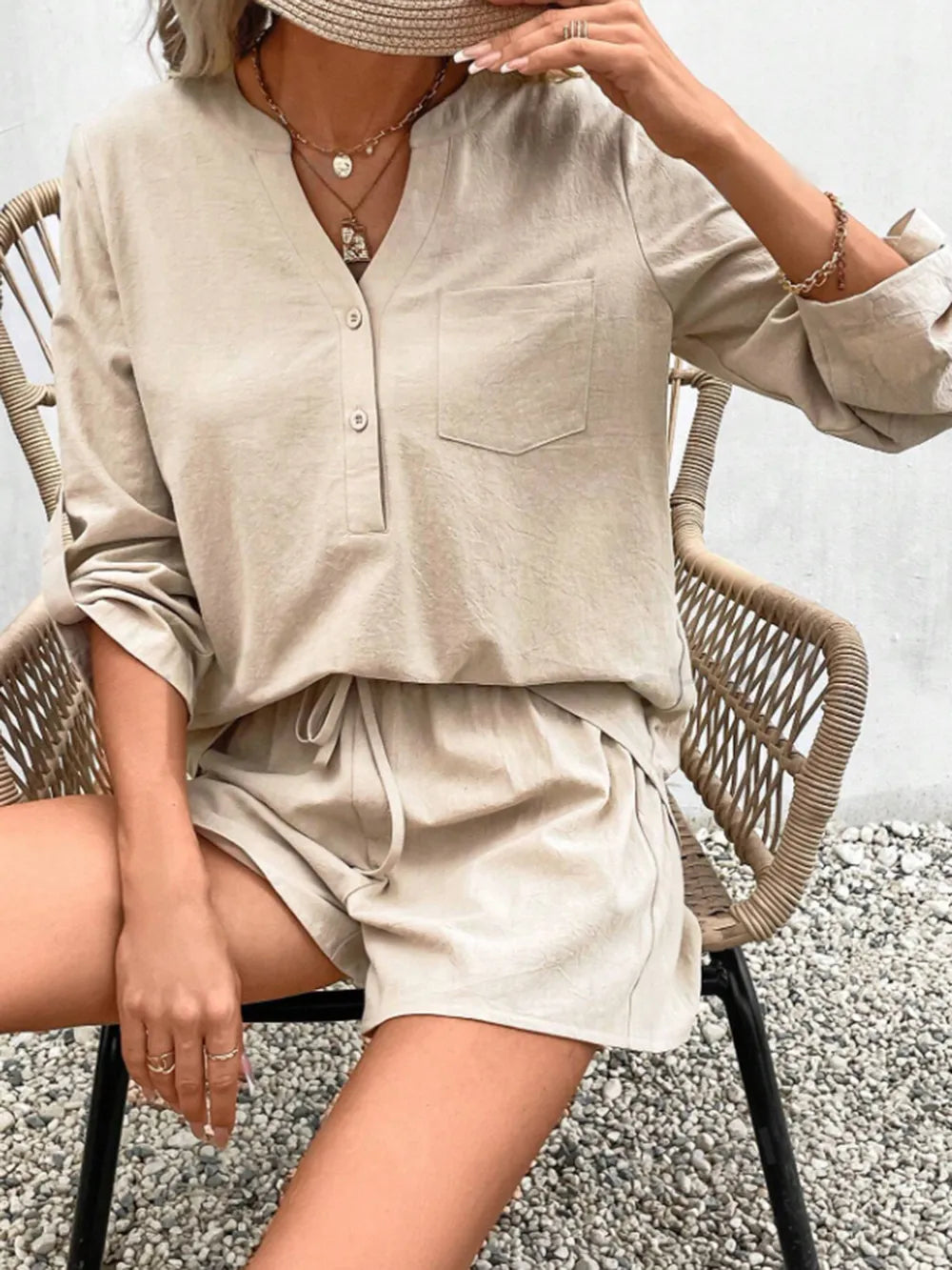 Notched Long Sleeve Top and Shorts Set - Korvel