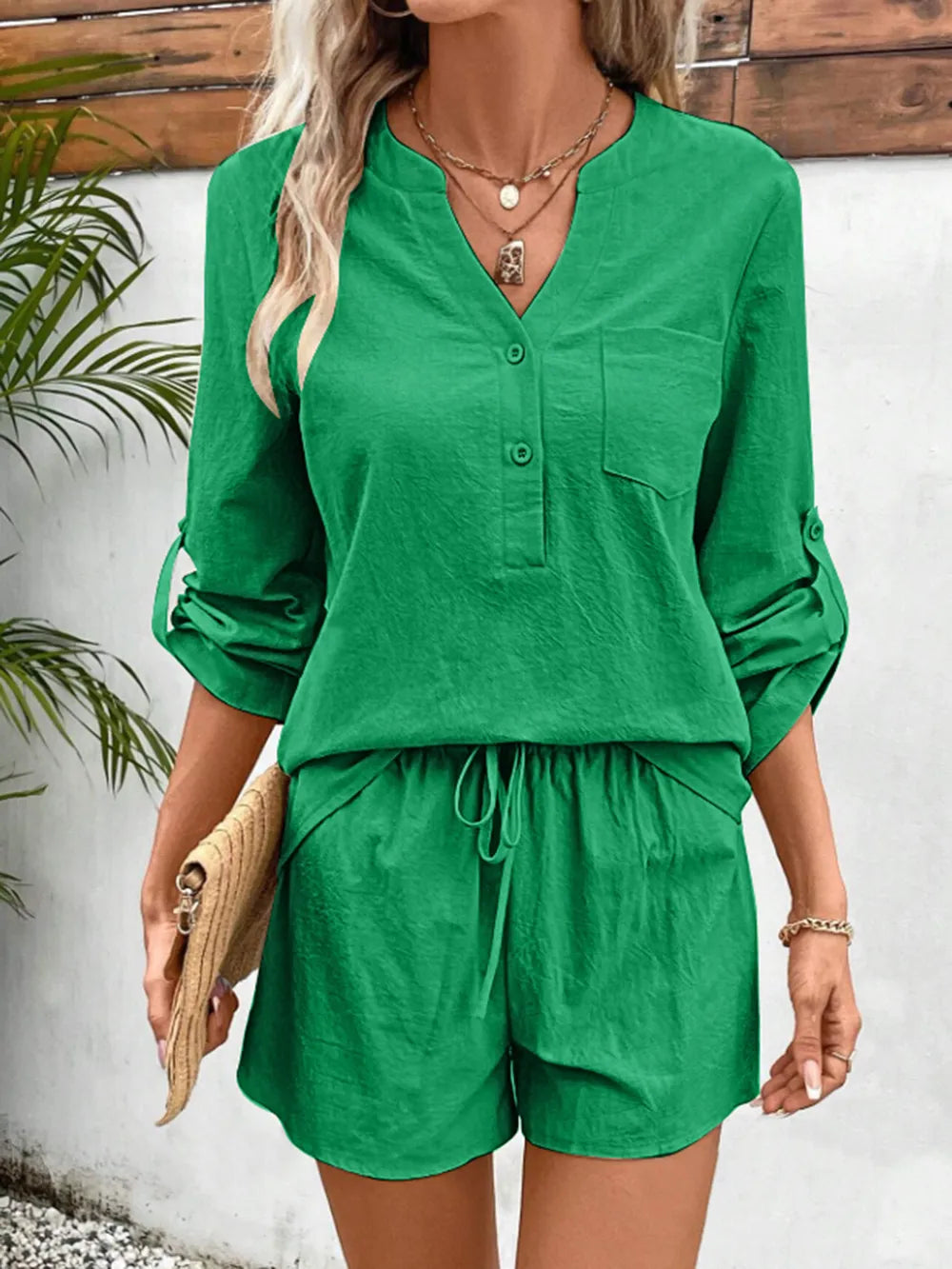 Notched Long Sleeve Top and Shorts Set - Korvel