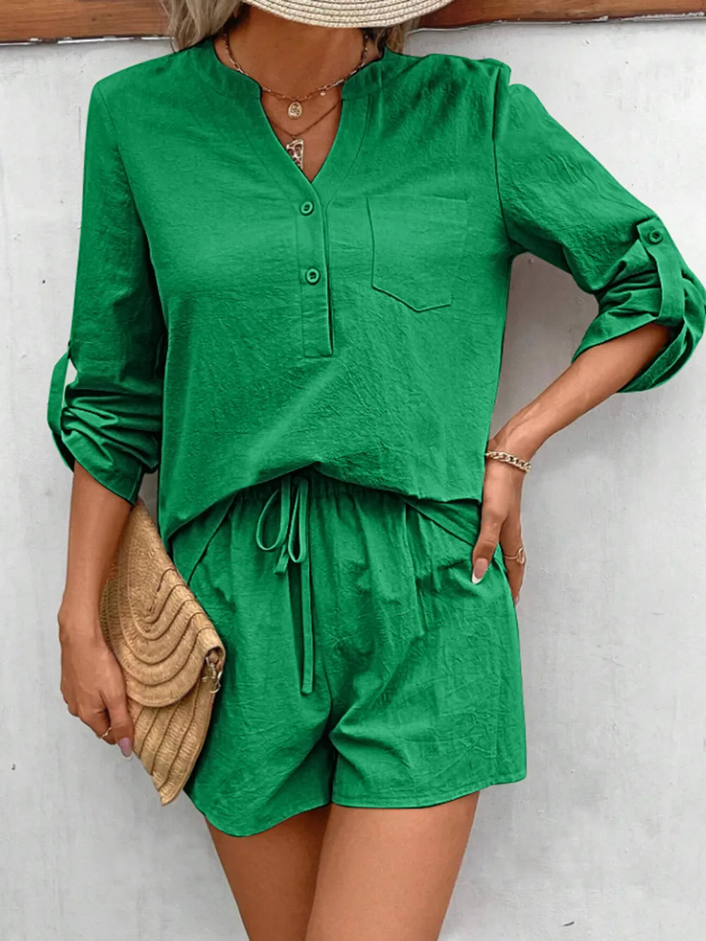 Notched Long Sleeve Top and Shorts Set - Korvel
