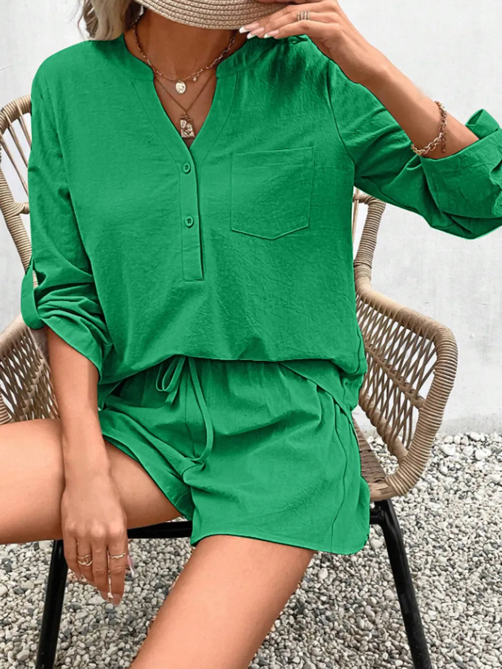 Notched Long Sleeve Top and Shorts Set - Korvel