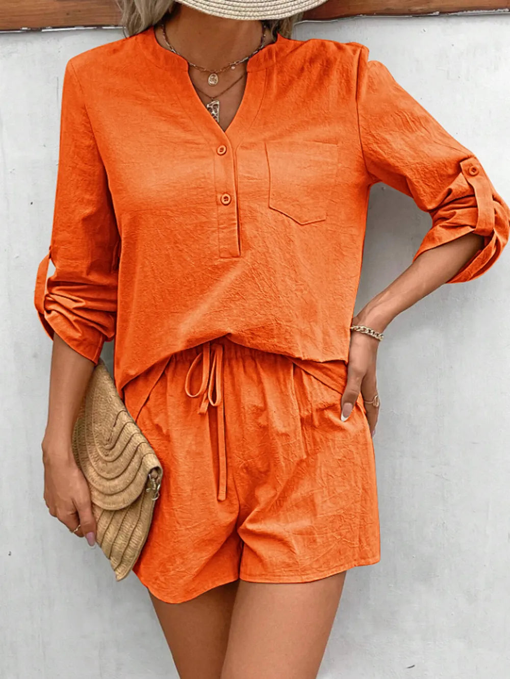 Notched Long Sleeve Top and Shorts Set - Korvel