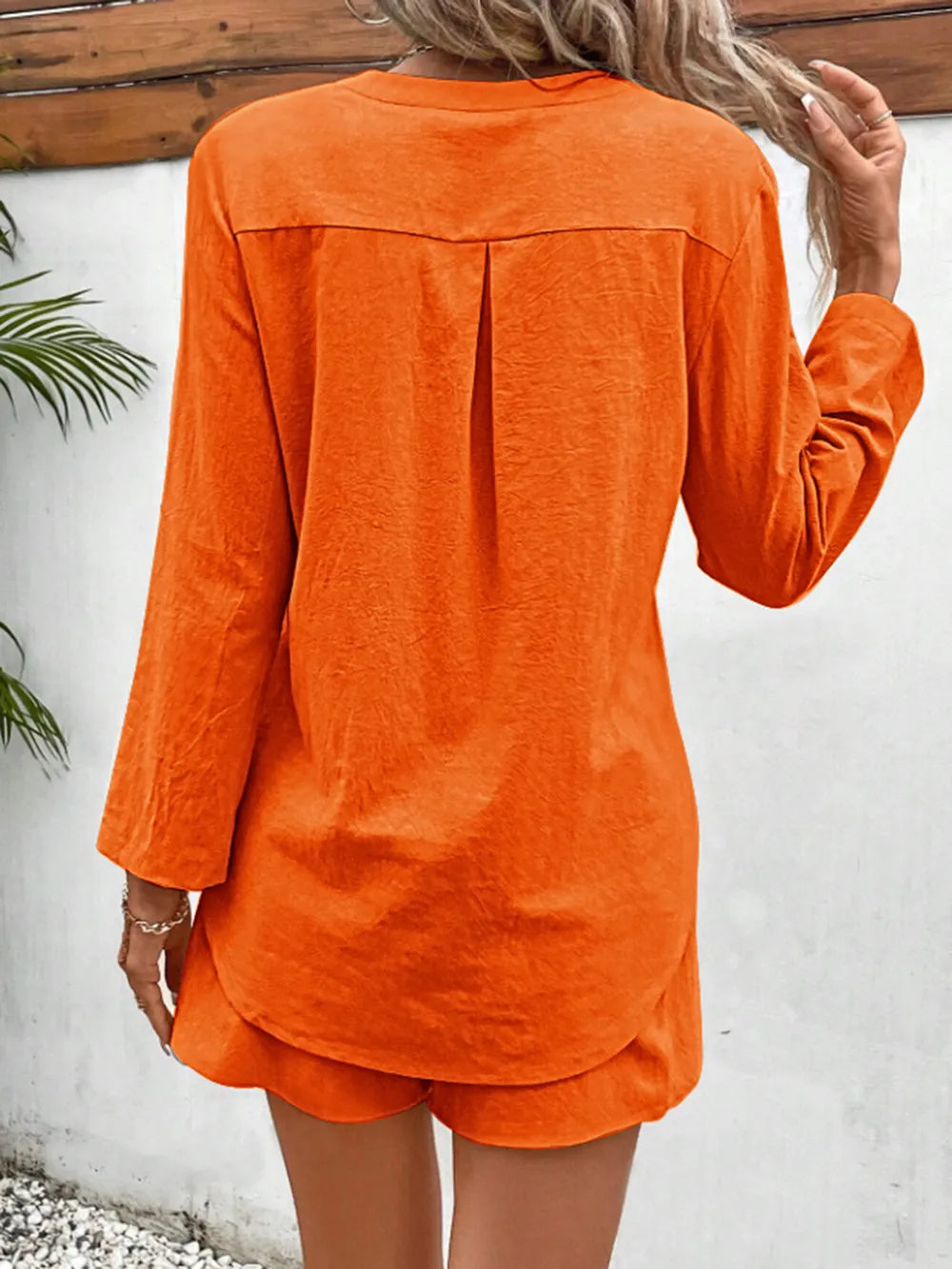 Notched Long Sleeve Top and Shorts Set - Korvel