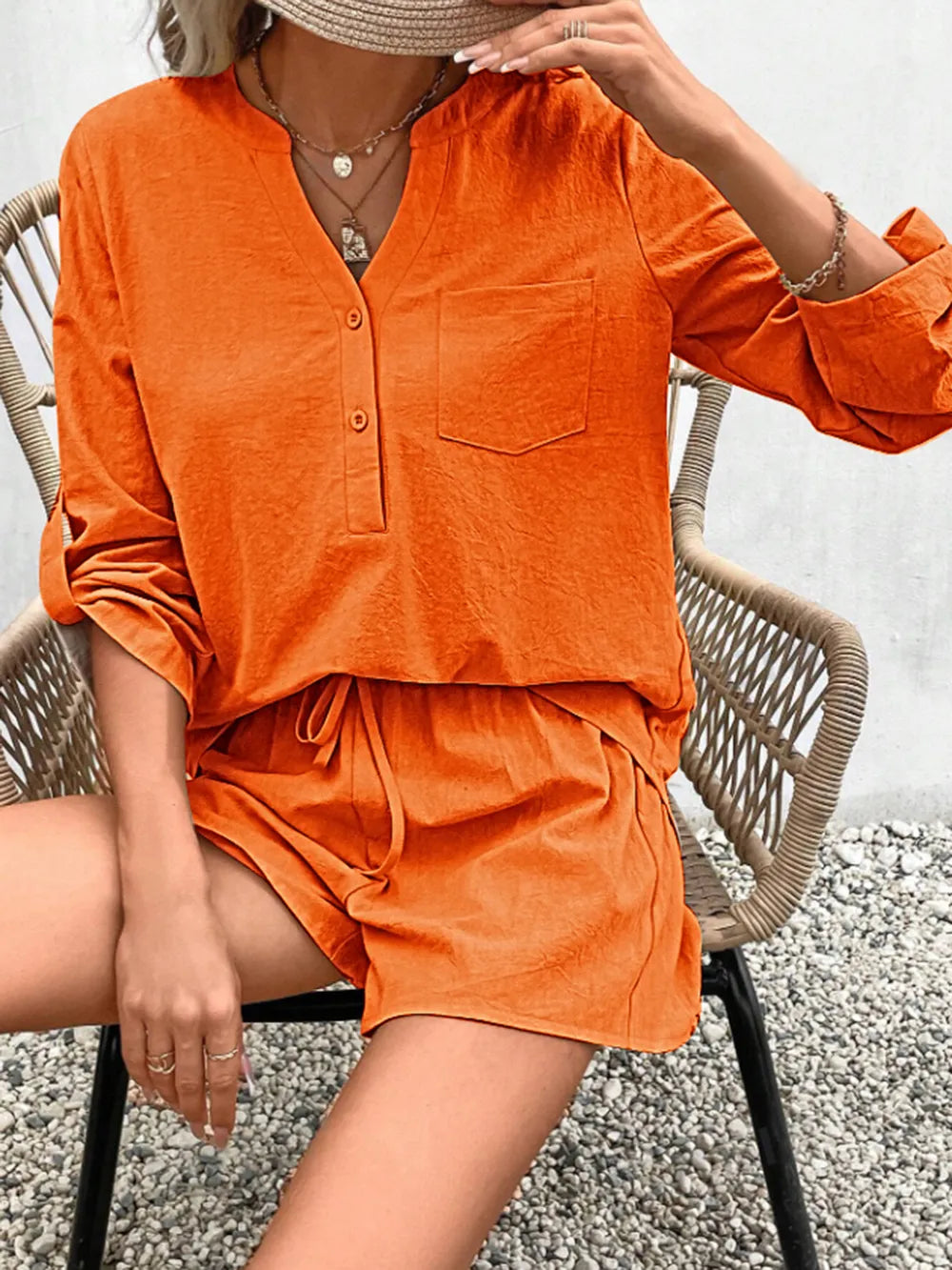 Notched Long Sleeve Top and Shorts Set - Korvel