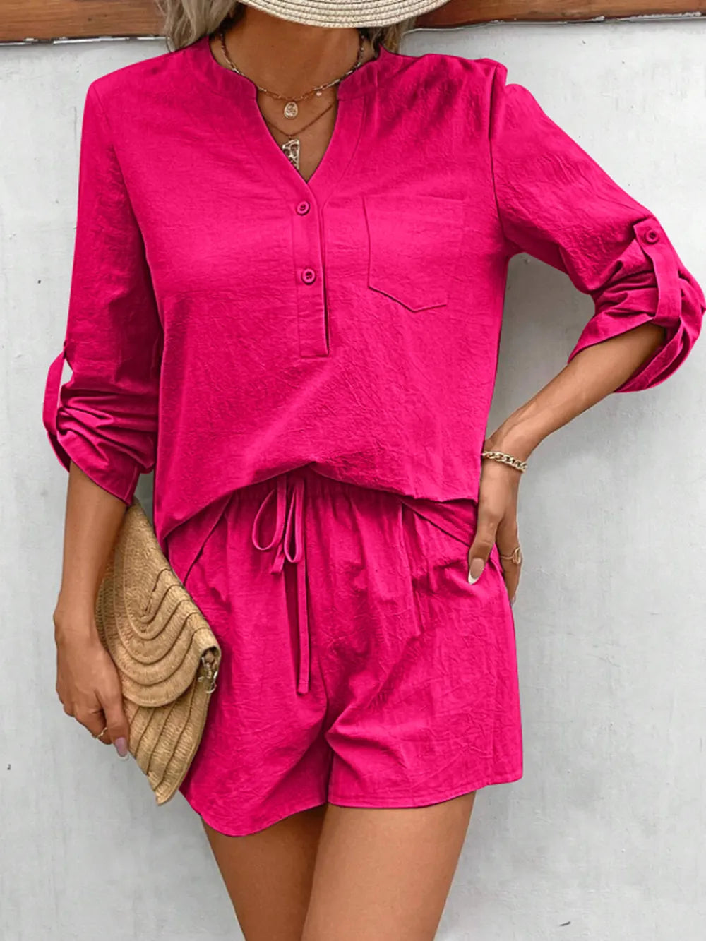 Notched Long Sleeve Top and Shorts Set - Korvel