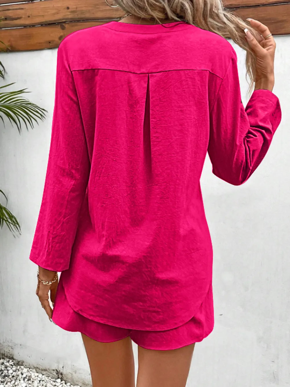 Notched Long Sleeve Top and Shorts Set - Korvel