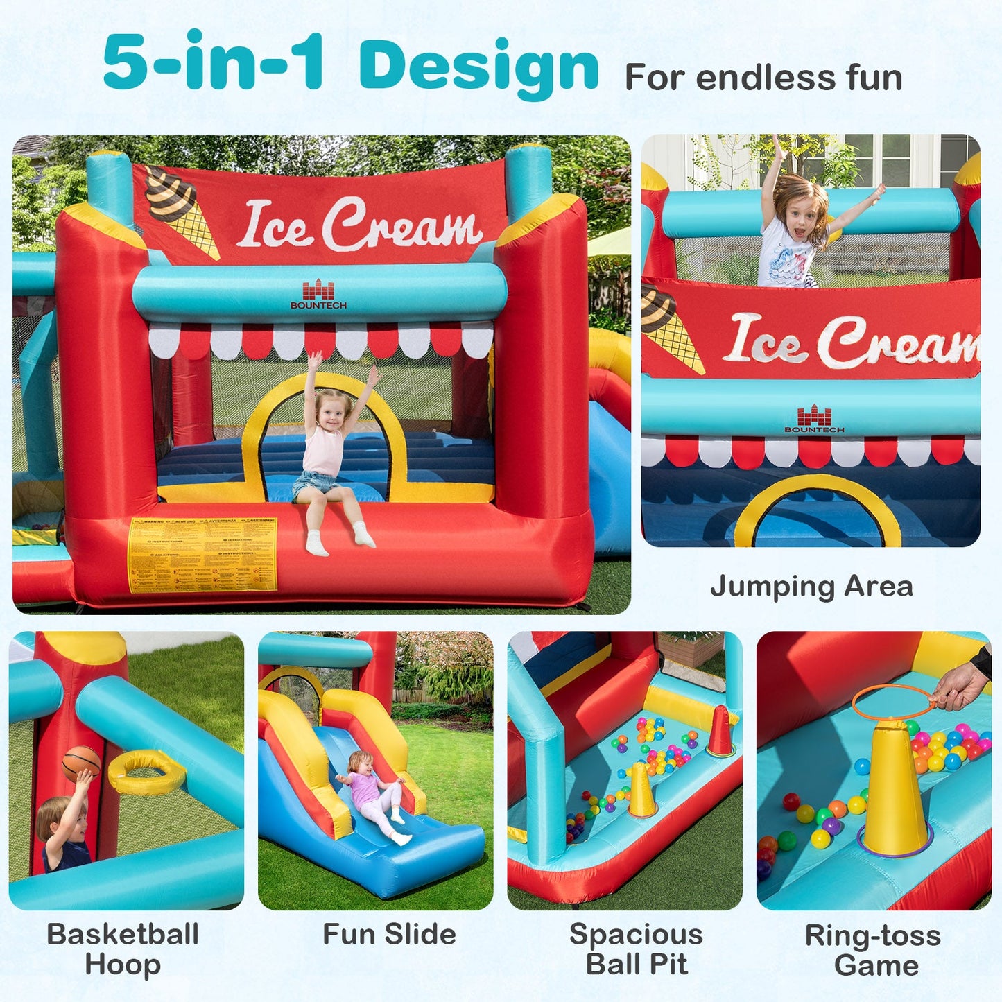 Castillo Inflable de Helado 5 en 1 con Piscina de Pelotas y Tobogán