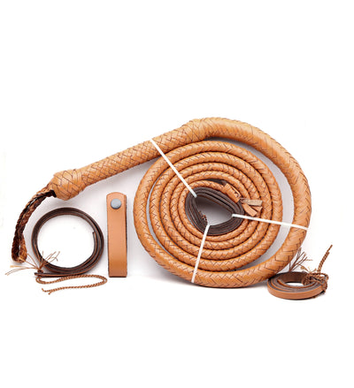 Expertly Crafted Tan Leather Bull Whip with Convenient Belt Holder – Available in 4ft to 16ft - Korvel