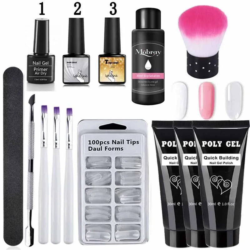 Kit de Poly Gel pour Nail Art Français avec Pinceau UV et Conseils d'Ongles
