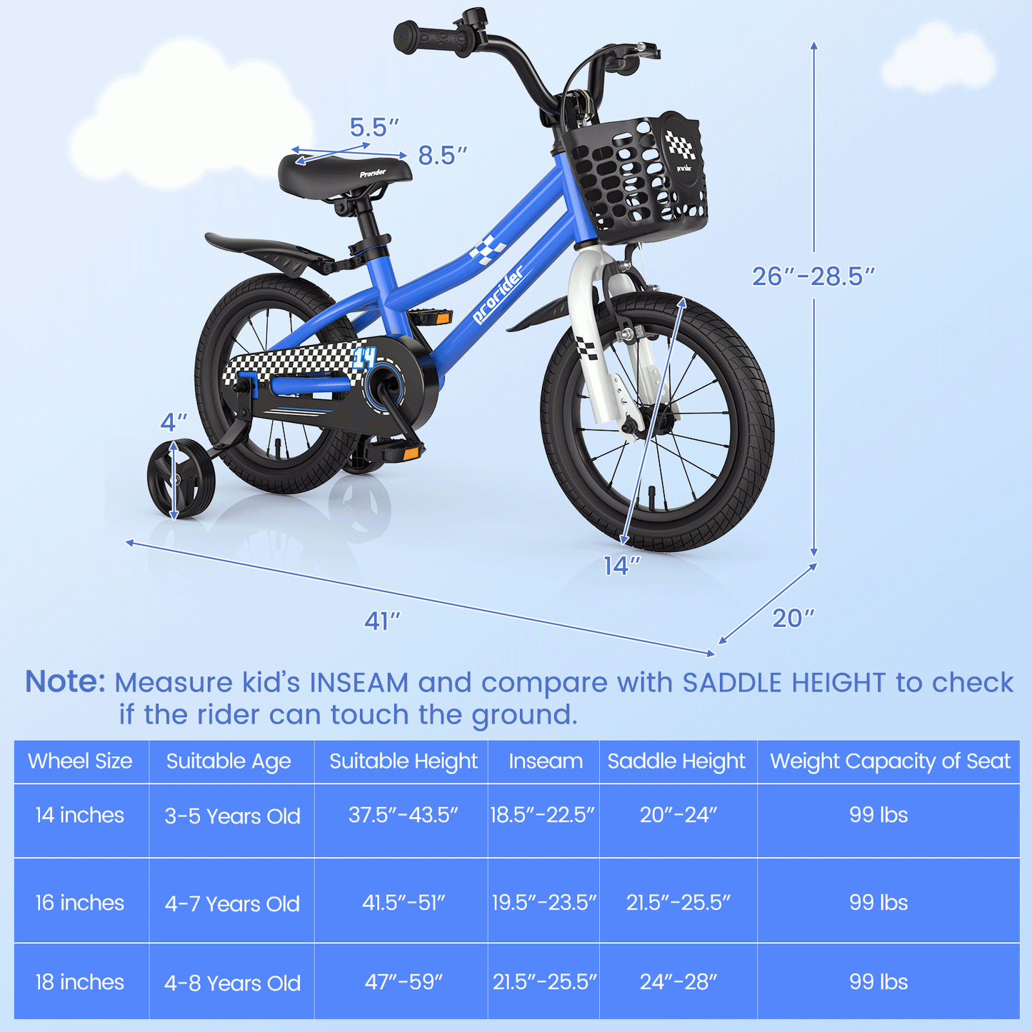 Vélo pour enfants de 14 pouces avec roues d'entraînement - Marine