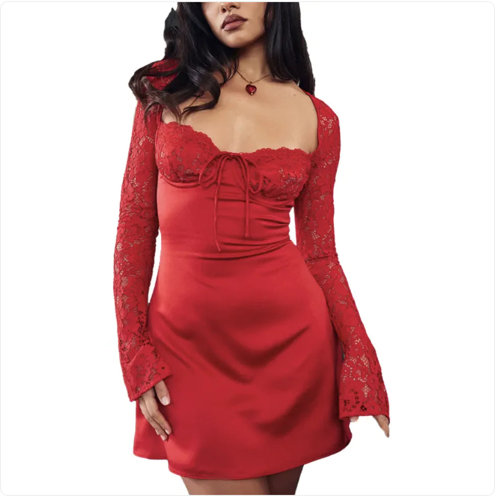 Elegant Women's Lace Corset Long Sleeve Dress