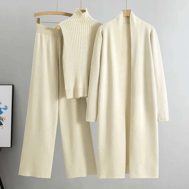 Conjunto de punto de 3 piezas para mujer: chaleco, cárdigan y pantalones de pierna ancha
