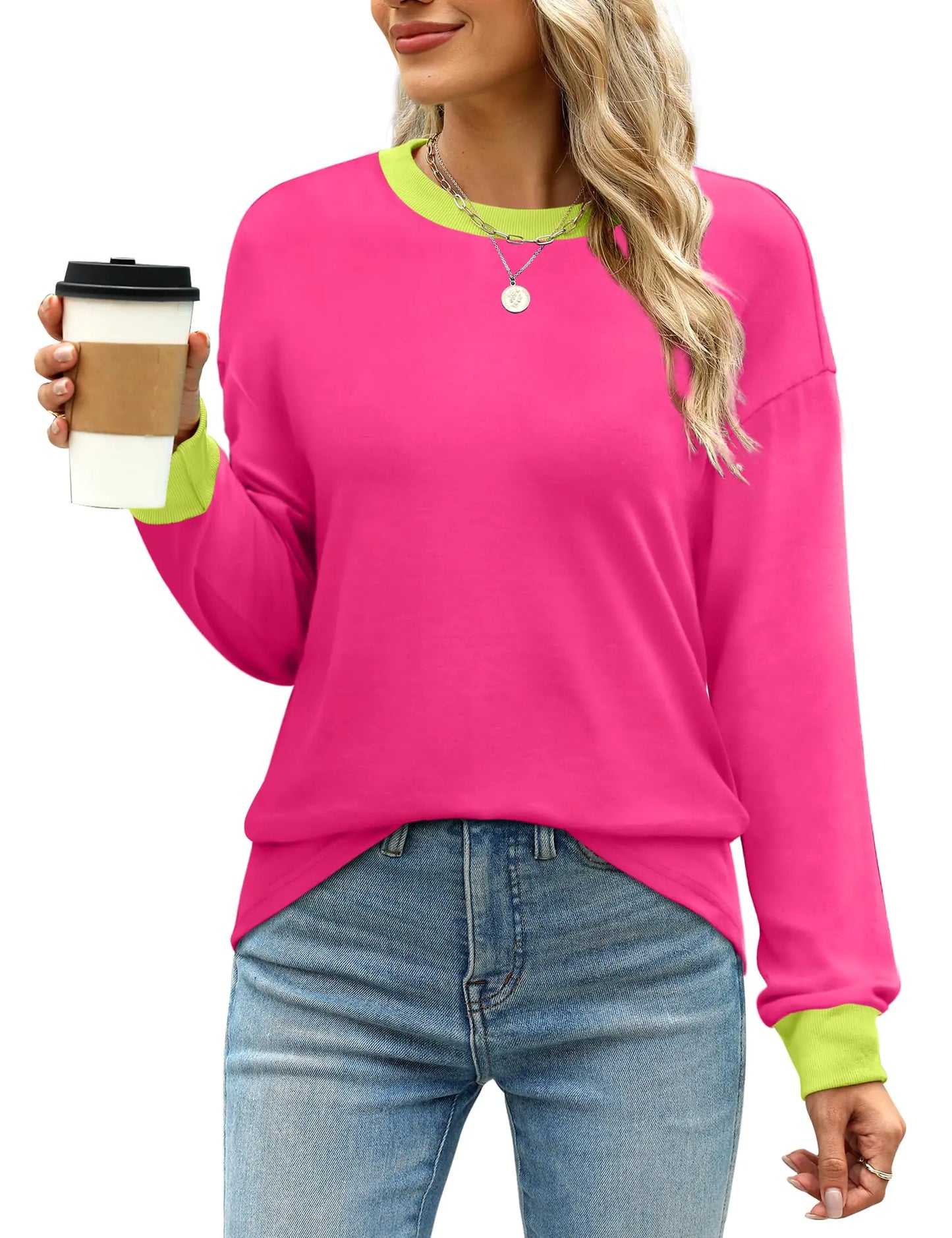 WIHOLL Haut Tunique à Manches Longues Rayé pour Femmes - Rose Fuchsia, X-Large