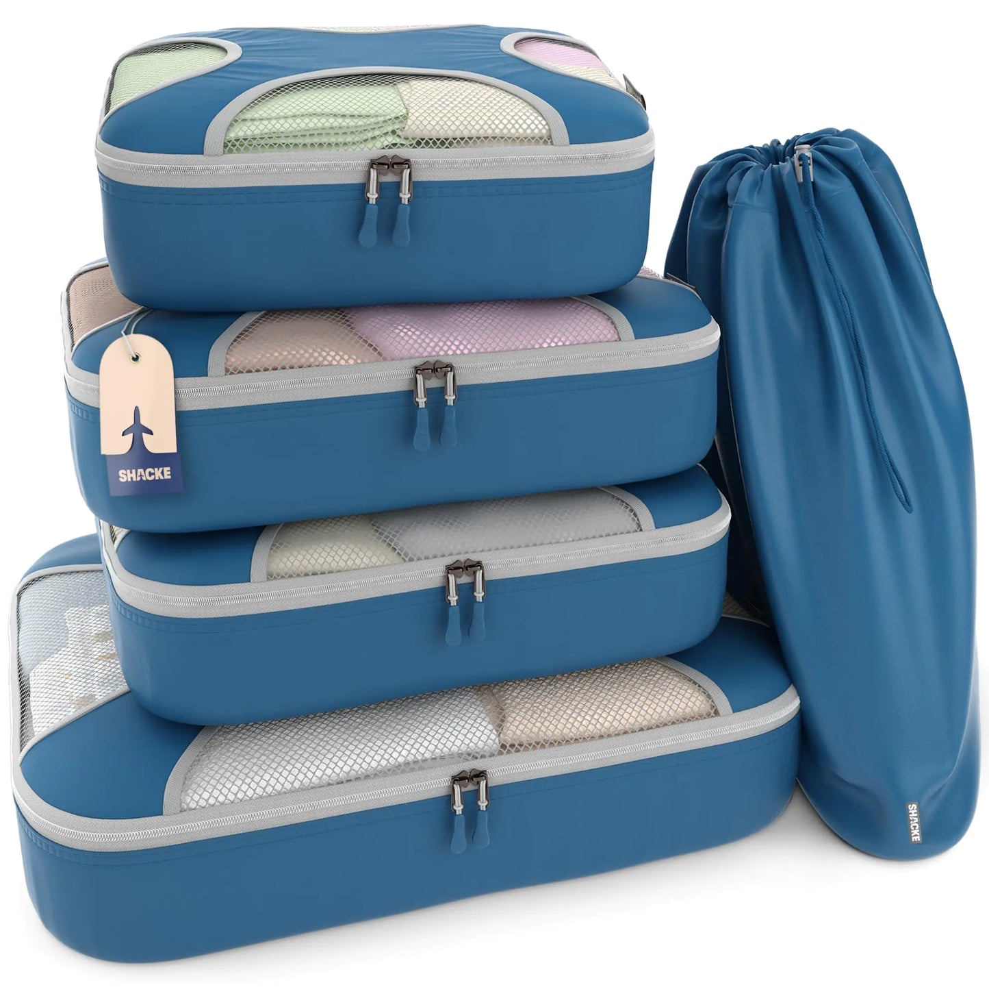 5 Set Packing Cubes - Travel Organizers with Laundry Bag - Navy Blue
