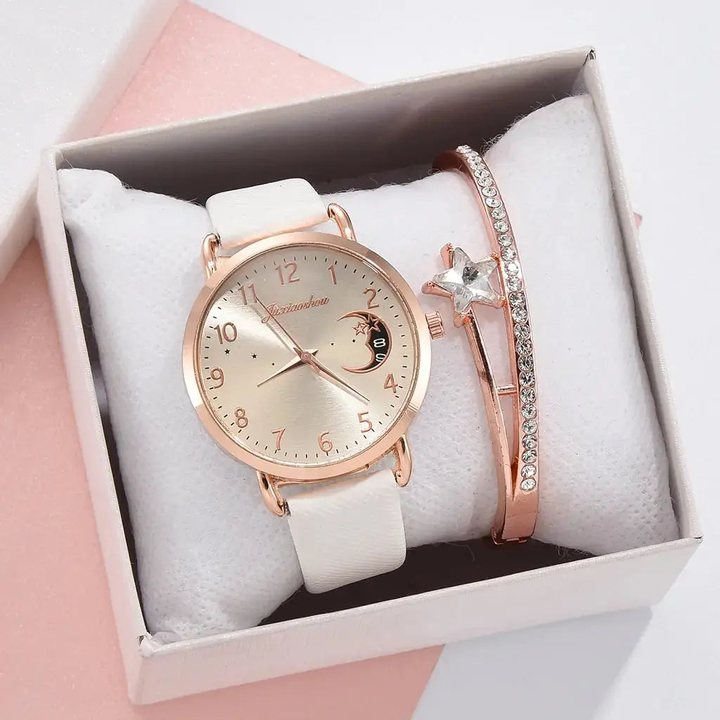 Conjunto de Reloj y Pulsera con Números de Luna