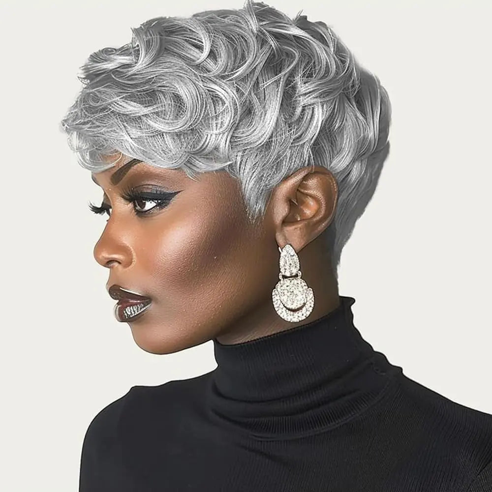 Pelucas MUJGOO Pixie Gris para Mujeres Negras - Peluca Corto Rizado con Flequillo