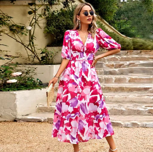 Vestido Largo de Manga Corta con Estampado y Escote en V para Verano