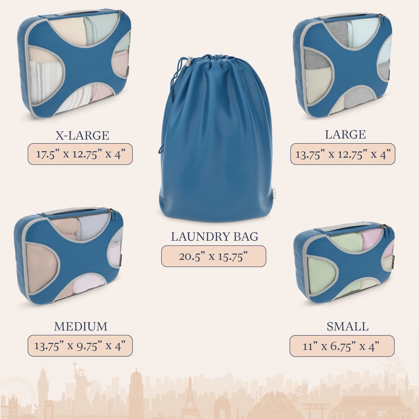 5 Set Packing Cubes - Travel Organizers with Laundry Bag - Navy Blue