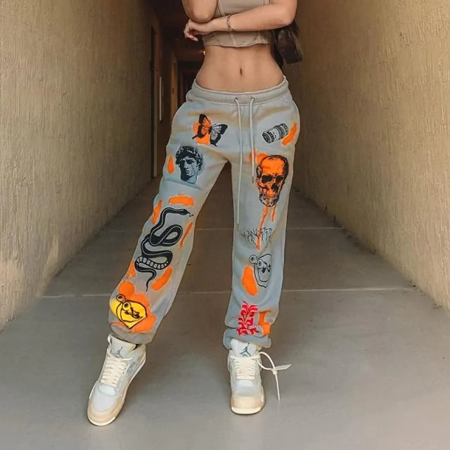 Cartoon Printed High-Waisted Sweat Pants