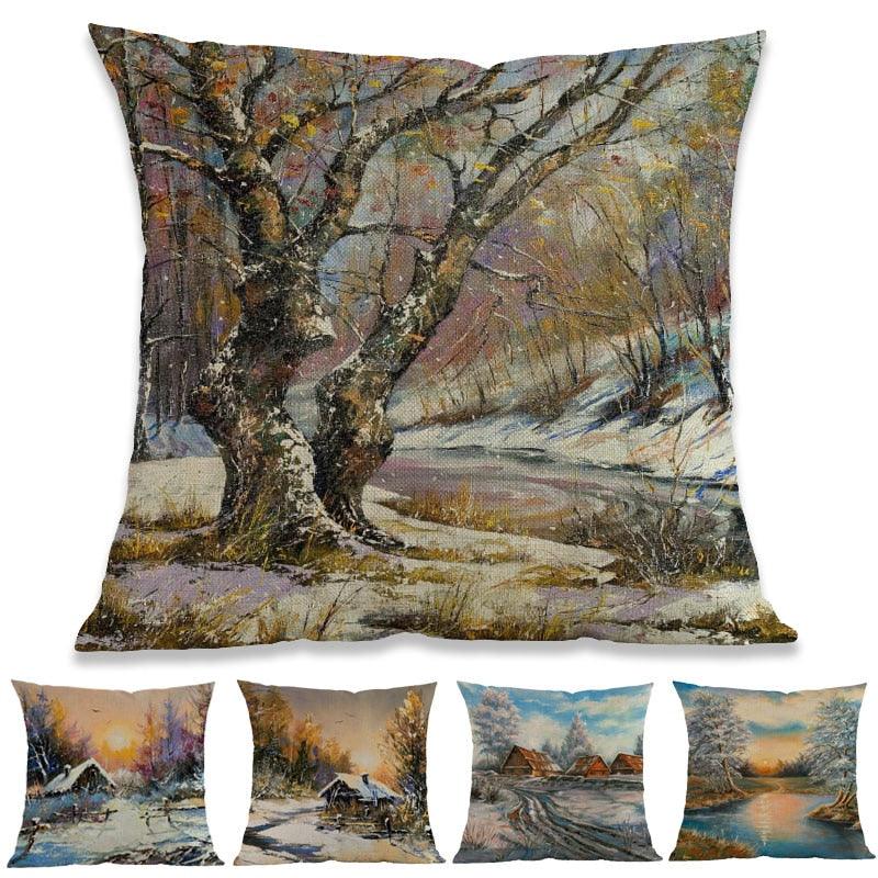 Winter Landscape Pillow Covers - Rustic Cabin Design