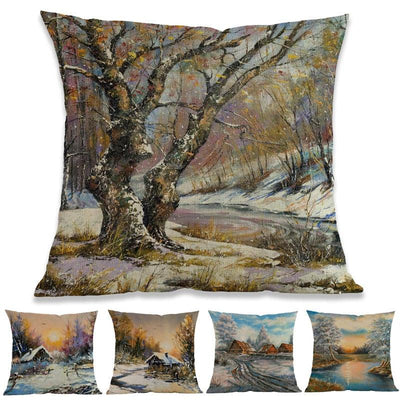 Winter Landscape Pillow Covers - Rustic Cabin Design