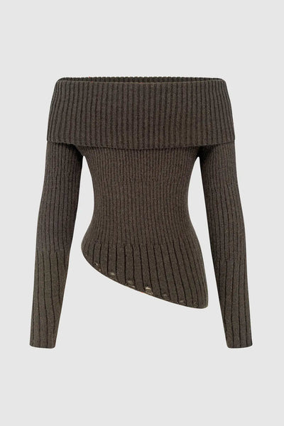 One shoulder autumn/winter sweater goodbuck letter slim fit top versatile diagonal hem - Korvel